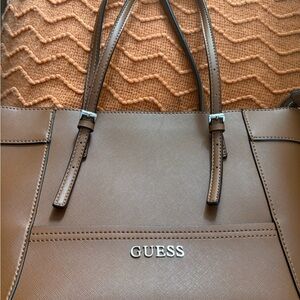 GUESS Tan Saffiano Tote with Silver Logo
